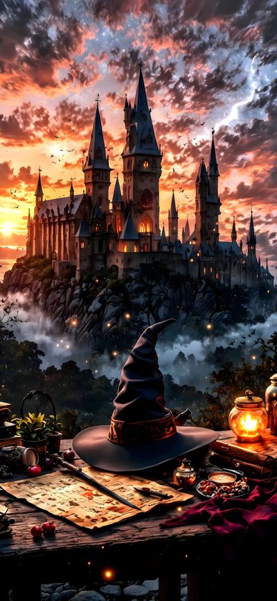 the wizard's hat sits on top of a table in front of a castle Harry Potter Halloween Harry Potter Background Hogwarts, Harry Potter Towers, Hogwarts Hogwarts Iphone Harry Potter, dark slate gray
