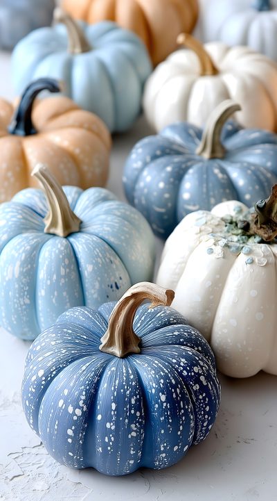 several painted pumpkins sitting on top of a white table next to eachother Light Blue Halloween Holiday Hack, Pumpkin Images, Autumn Illustration, Simple Iphone, dark gray