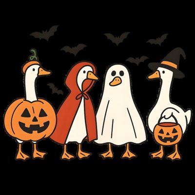 three ducks in halloween costumes with bats and pumpkins on their heads, standing next to each other Halloween Goose Animals Dressed Up For Halloween, August Doodles, Funny Halloween, Halloween Ducks, black