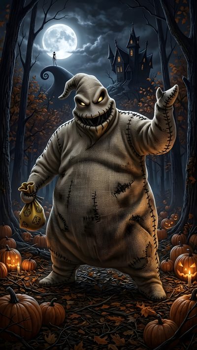 a cartoon character is standing in the woods with pumpkins Halloween Bogey A Nightmare Before Christmas, Boogie Man Nightmare Before Christmas, Oogie Boogie, dark slate gray