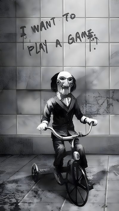 a drawing of a person riding a bike with the words i want to play a game written on it Halloween Horror Movie Saw Horror, Billy The Puppet Black And White, Saw Jigsaw, Jigsaw Horror, gray