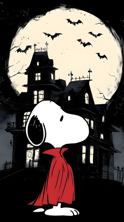 a snoopy dog in front of a house with bats on the roof and full moon behind it Snoopy Halloween 4k Cool Snoopy Pictures, Snoopy Dracula, Snoopy Ghost, Cute Halloween Snoopy, black
