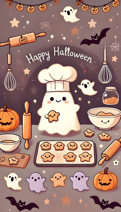 a halloween card with an image of a kitchen scene Halloween Kids Halloween Backgrounds, Halloween Cute, Halloween Iphone, Holiday, Kawaii Halloween, gray
