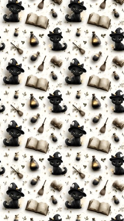 an image of a pattern with cats and books on the table in front of them Halloween Fabric Cat Bones Witch And Halloween, gainsboro