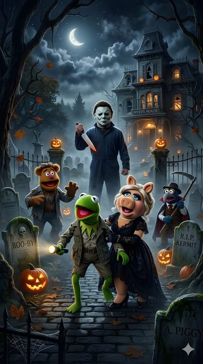 the muppets are on halloween night in front of a cemetery with pumpkins Muppets Halloween Muppets Halloween, Ghost Rider, Muppets Christmas, Kermit And Miss Piggy, dark slate gray
