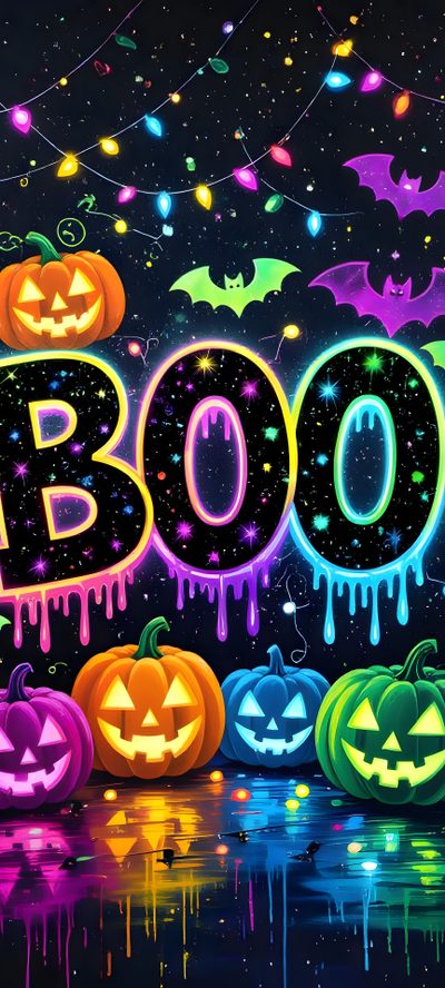 an image of halloween boo bash with pumpkins and bats Rainbow Halloween Spooky Neon Halloween, Halloween Artwork, Boo Halloween, Happy Halloween Pictures, black