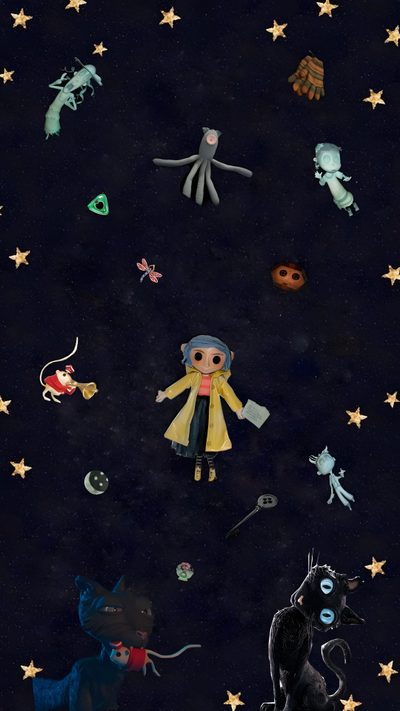 an image of children's artwork in the night sky with stars and cats on it Halloween Iphone Coraline Coraline Art, Whats, Halloween Iphone Backgrounds, Coraline Aesthetic, black