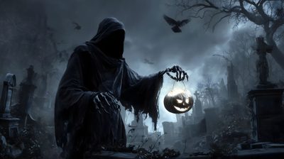 a person dressed as a ghost holding a pumpkin in front of a cemetery at night 3840x2160 Halloween Fond D Ecran, Creepy Halloween Desktop, Grim Reaper Desktop, dark slate gray