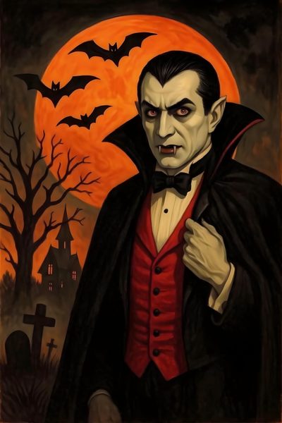 a painting of dracula in front of a full moon Dracula Halloween Dracula Classic Vampire Portrait, Traditional Dracula, Old School Vampire, black
