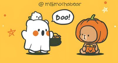 two cartoon characters dressed up as ghost and pumpkins Milk And Mocha Halloween Mocha And Milk Bear Matching Pfp Halloween, Milk And Mocha Matching Icons Halloween, Milk And Mocha Bear Halloween, sandy brown