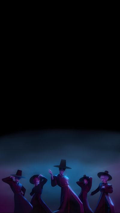 four people dressed in black with hats and long dresses are standing on a stage at night Halloween Kpop Demon Hunters Demon Hunter Aesthetic, Kpdh Backgrounds, Kpdh Phone Background, black