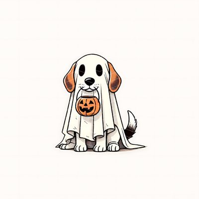 a dog wearing a ghost costume with a jack - o'- lantern in its mouth Cute Beagle Halloween Ghost With Dog, Beagle Halloween, Halloween Ghost Dog Art, Doggy Ghost, white smoke