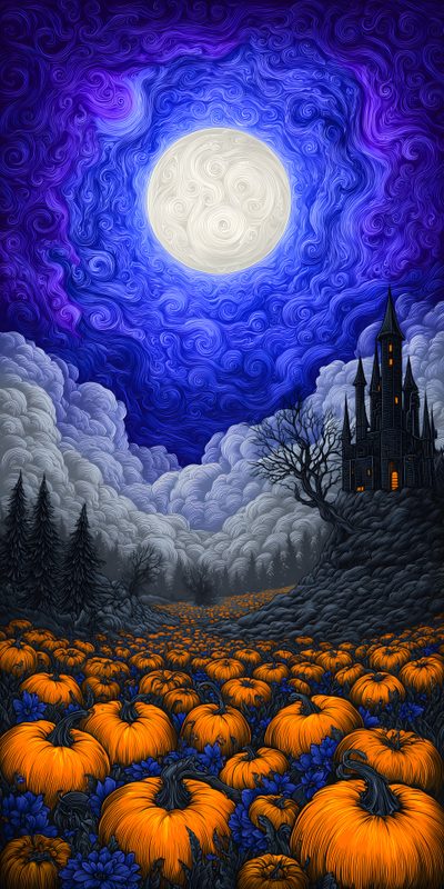 a painting of pumpkins in a field with a castle on the hill behind it Halloween Pumpkins Non Traditional Halloween Art Iphone, Pumpkin Background Art, Cool Halloween Backgrounds, dark slate blue