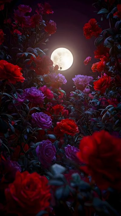 the full moon shines brightly in the dark night sky with red flowers surrounding it Moonlight Flowers Halloween Floral Moon And Rose Background, Moon And Roses Aesthetic, Roses And Moonlight Background, black