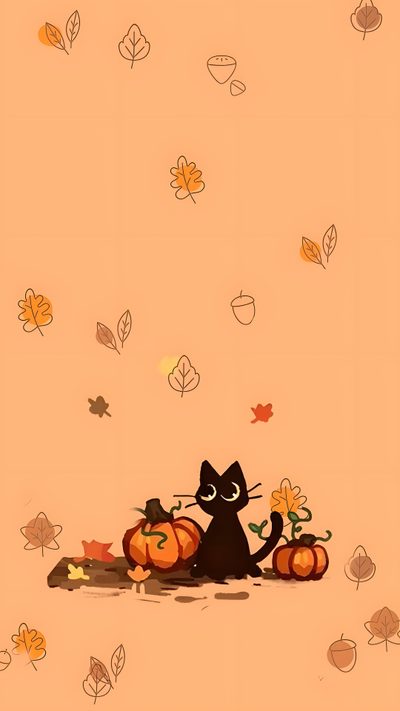 a black cat sitting on top of a pile of pumpkins next to autumn leaves Preppy Halloween Cat Cat Background, Fall Background, Cute Pumpkin Cat, Fall Kitty, light salmon