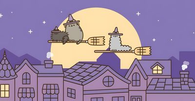 two cats sitting on top of a sleigh in front of a full moon Desktop Pusheen Halloween Pusheen Autumn Desktop, Pusheen Pc, Pusheen Background Laptop, light slate gray