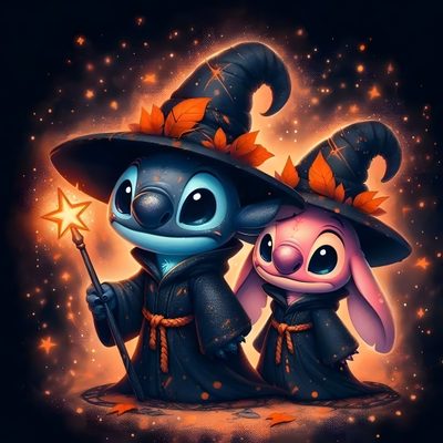 two cartoon characters dressed up as witches and one is holding a wand in their hand Halloween Stitch And Angel Angel Stitch, Lilo I Stich, Image Halloween, dark slate gray