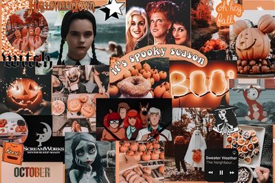 a collage of halloween images with the word boo spelled out in orange and black Halloween Collage Laptop Halloween Aesthetic Laptop, Halloween Tablet, Halloween Aesthetic Collage Laptop, sienna
