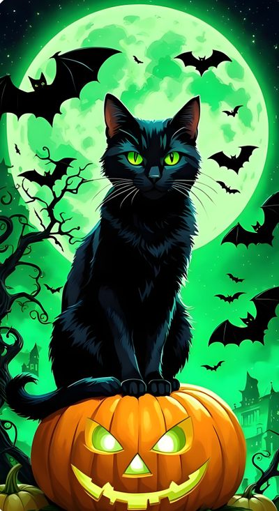 a black cat is sitting on top of a pumpkin in front of a full moon Black Cat Halloween Halloween Cat Screensaver, Halloween Halloween Black Cat, Halloween Black Cat Pillow, forest green