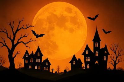 a full moon with bats flying in the sky and houses silhouetted by trees on a hill Halloween Hill Diy Halloween Village, Halloween Movie Poster, House Silhouette, saddle brown