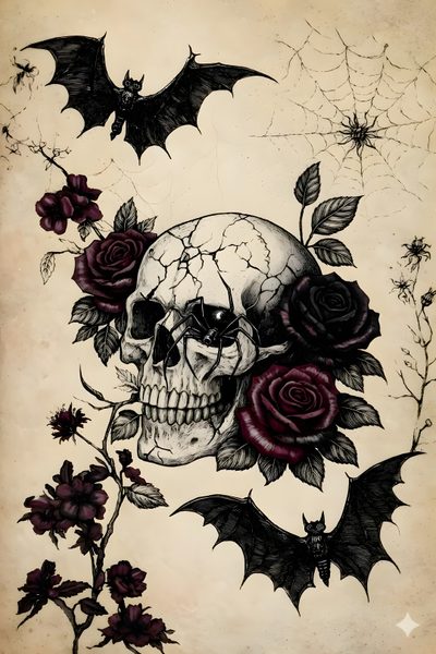 a skull with roses and bats on it Halloween Skull And Bat Crow And Skull, Victorian Gothic Decor, Horror Drawing, Witch Tattoo, Bat Tattoo, tan