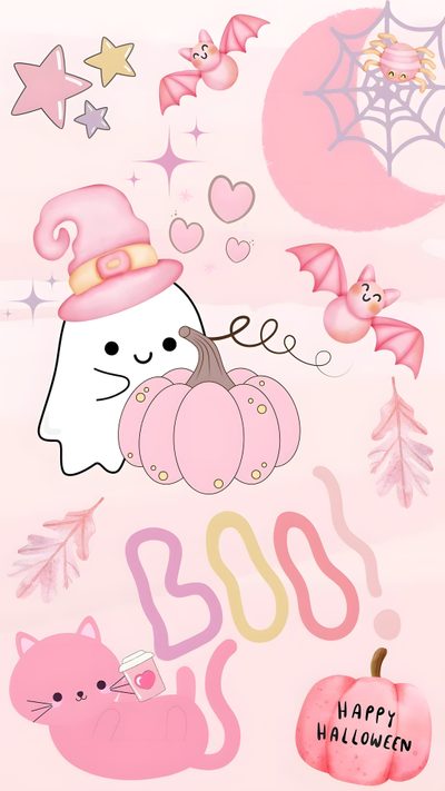 a pink halloween card with an image of a cat, pumpkin and other items on it Pink Halloween Lilo I Stich, Halloween Rose, Halloween Iphone Backgrounds, Halloween Backgrounds,