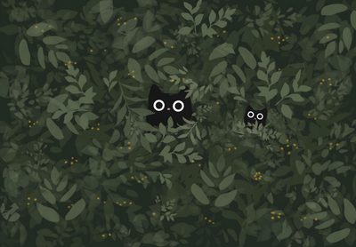 two black cats are peeking out from the leaves Halloween Black Cat Green Dark Green, Cat Background Computer, Cosy Desktop, dark slate gray