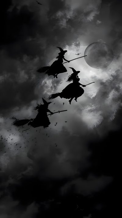 black and white photograph of three witches flying in the sky at night with full moon behind them Salem Halloween Aesthetic Gotik Tattoo, Photo Halloween, Witch, Halloween Iphone Backgrounds, black