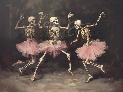 three skeletons dancing in pink tutu skirts Halloween Ballerina Coquette Skeleton, Halloween Ballerina, Skeleton Fairy Aesthetic, dark slate gray