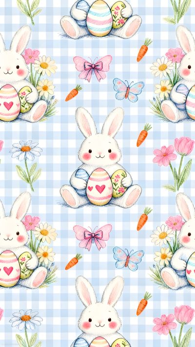 an image of easter bunnies and eggs on blue checkered background with flowers, grass and butterflies Halloween Easter Ideas Holiday, Spring Floral, Scrapbooking, Easter, Bunny, Easter Art, lavender