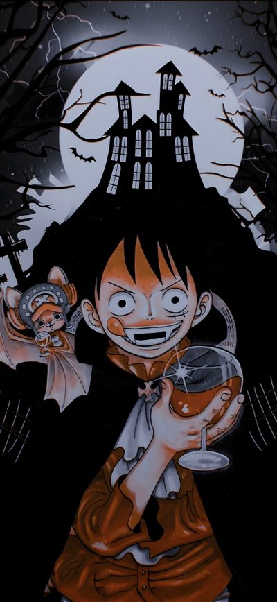 a cartoon character holding a glass in front of a house Luffy Halloween Fictional Characters, Batman, black