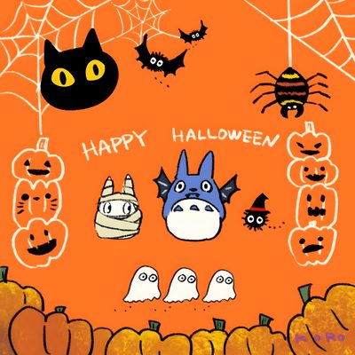 an orange halloween card with black cats, pumpkins and spider web on the front Japan Halloween Studio, Studio Ghibli, dark orange