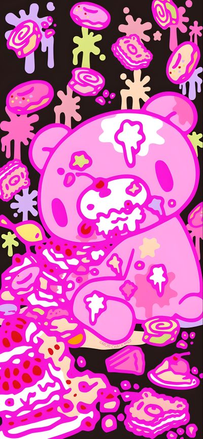 a pink teddy bear surrounded by snowflakes on a black background with stars and circles Gloomy Bear Halloween Scene Gloomy Bear, Gloomy Bear Cutecore, Gloomy Bear Halloween, Gloomy Bear Pc, fuchsia