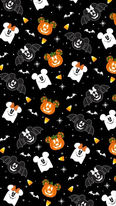 mickey mouse halloween pattern with bats, pumpkins and ghost heads on a black background Disney Halloween Mickey Pumpkin, Halloween Disney, Disney Halloween Aesthetic, Disney Fall Iphone, black
