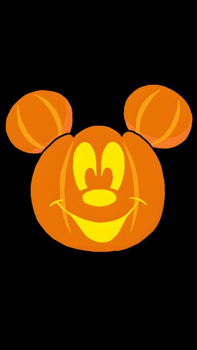 an orange mickey mouse pumpkin with ears on it's head and eyes glowing in the dark Disney World Halloween Mickey Mouse Pumpkin, Disney Halloween Icons, Disney Pumpkin, black