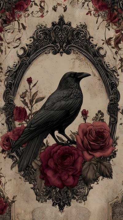 a black bird sitting on top of roses Gothic Halloween Decor Cuervo, Gothic Style, Corvo Aesthetic, Vintage Images Aesthetic, dark olive green