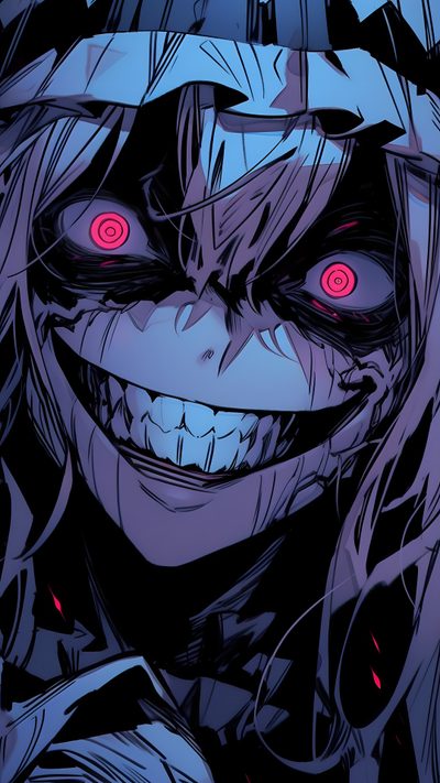 an anime character with red eyes and long hair, in the middle of his face Halloween Anime Hd Scary Anime Images, Digital Art, Scary Anime Background, Dark Creepy Smile, dark slate gray