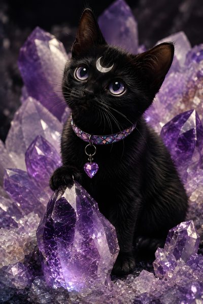a black cat sitting on top of purple crystals Black Cat Diamonds For Halloween In Witchy, Black Cat Artwork, Black Cat Aesthetic, dark slate gray