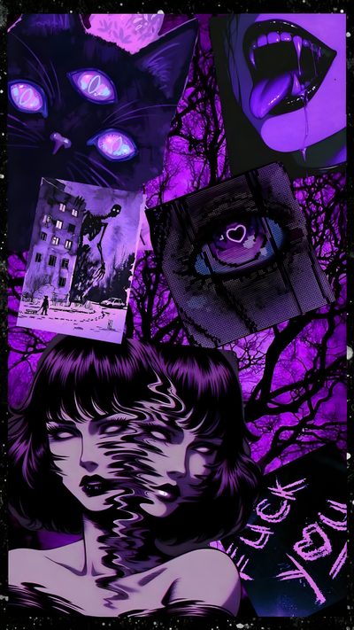 an image of a woman with cats on her head and other pictures around her face Purple Purple Edgy Aesthetic Halloween Purple Scary, Purple Horror Background, Dark Neon, midnight blue