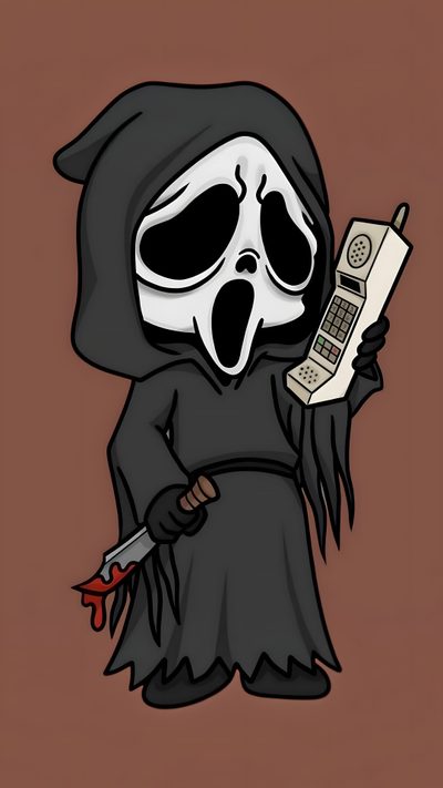 a cartoon character with a cell phone in his hand and a grimter mask on Halloween Scream Cute Ghostface Ghostface Drawing Cute, Baby Ghostface Drawing, Danny Ghostface, sienna