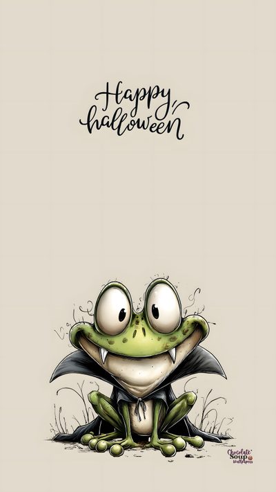 a cartoon frog sitting on top of a grass covered ground with the words happy halloween written above it Frog Halloween Crazy Frog Background, Cute Frogs, Halloween Turtle Background, light gray