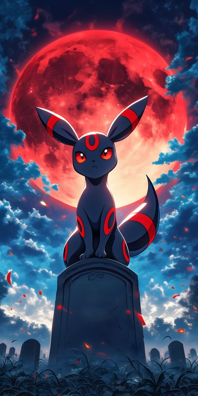 a cartoon character sitting on top of a statue in front of a red full moon Halloween Umbreon Umbreon Fanart, Favorite Pokemon, Espion Pokemon, Umbreon Art, dark slate gray