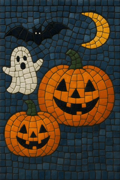 three jack o lantern pumpkins on a mosaic tile background with bats and ghost faces Halloween Celtic Tiles Custom Ghost Mosaic, Halloween Mosaic Art, Halloween Mosaic, dark slate gray