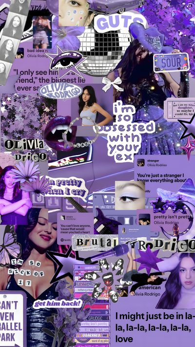 the collage is made up of many different pictures and words, all in purple Halloween Olivia Rodrigo Purple Extensions, Dancer Quotes, Olivia + Core + Aesthetic, light slate gray