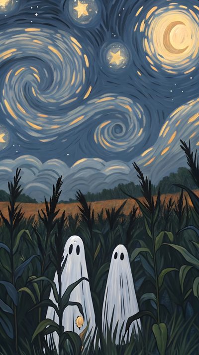 two white ghost standing in the middle of a cornfield under a night sky with stars and swirls Halloween Space Halloween Iphone Aesthetic, Halloween Home Screen, Iphone Halloween Aesthetic, dark slate gray