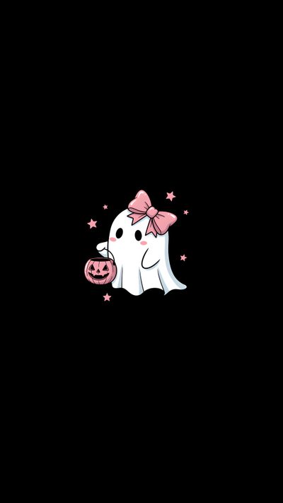 a ghost with a pink bow holding a pumpkin in its mouth on a black background Halloween Girl Aesthetic Cute Pastel Ghost, Cute Ghost Iphone, Ghosts, Pink Ghost, Cute Halloween, black