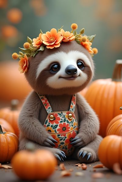 a slotty with flowers on her head sits among pumpkins Halloween Sloth Sloth Cute Pics, Sloths Pictures Cute, Cute Sloth Face, Sloth Cute Pictures, dim gray