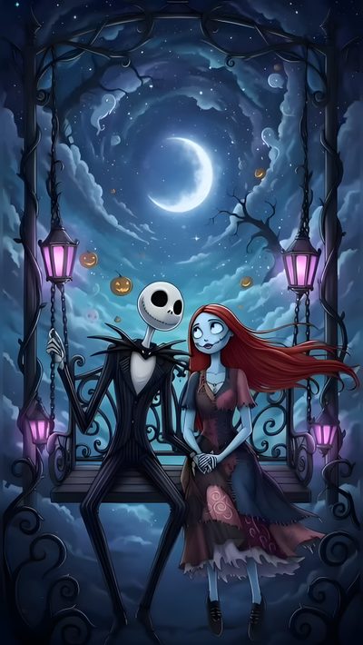 a skeleton sitting on top of a bench next to a woman in a red dress This Is Halloween Nightmare Before Christmas Jack And Sally Iphone, Jack The Pumpkin King, Jack Sally, dark slate gray