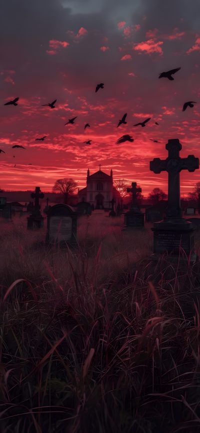 a cemetery with birds flying over it at sunset Halloween Sunrise Uhd, Moody Photography, Dark Gothic, Creepy Art, Dark Photography, dark slate gray