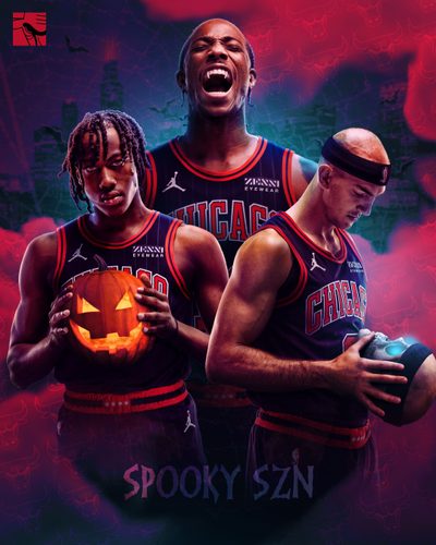 two basketball players holding pumpkins in front of a red and blue background with the words spooky szn on it Halloween Nba Chicago Bulls Costume, Chicago Bulls Poster, Chicago Bulls Black Background, midnight blue